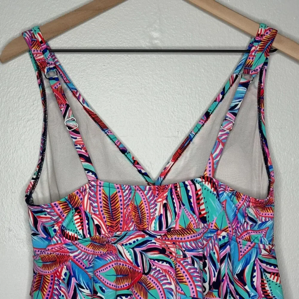 Swim Solutions Womens One Piece Bathing Suit 12 Pink Blue Tropical Tiered Resort - Picture 9 of 12